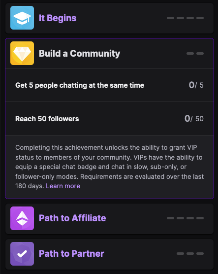 Screenshot of the achievements area in Twitch's settings