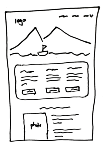 A sketch of a website using marker on paper with a photo header and text with action buttons