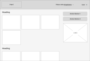 A wireframe of a webpage with a header, a grid of cards, and a sidebar with action buttons
