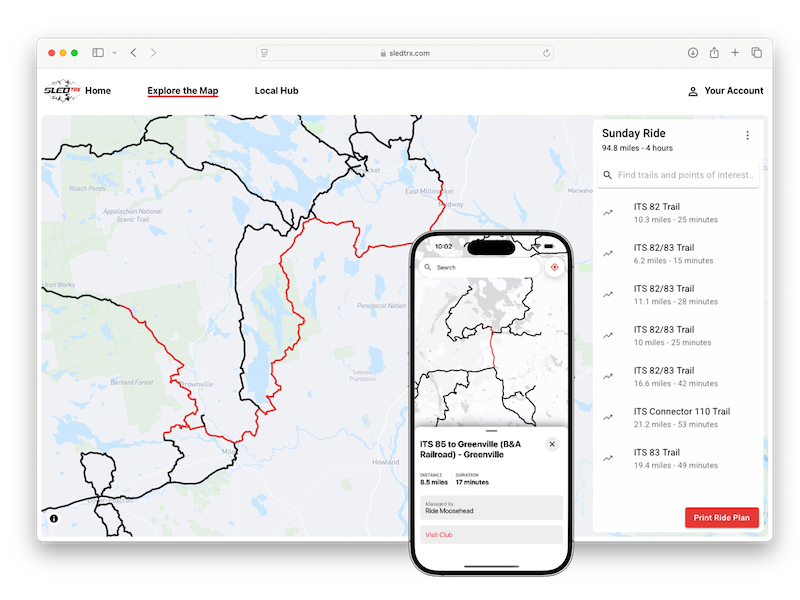 Screenshots of the SledTRX web app in a web browser and the SledTRX mobile app on a mobile device